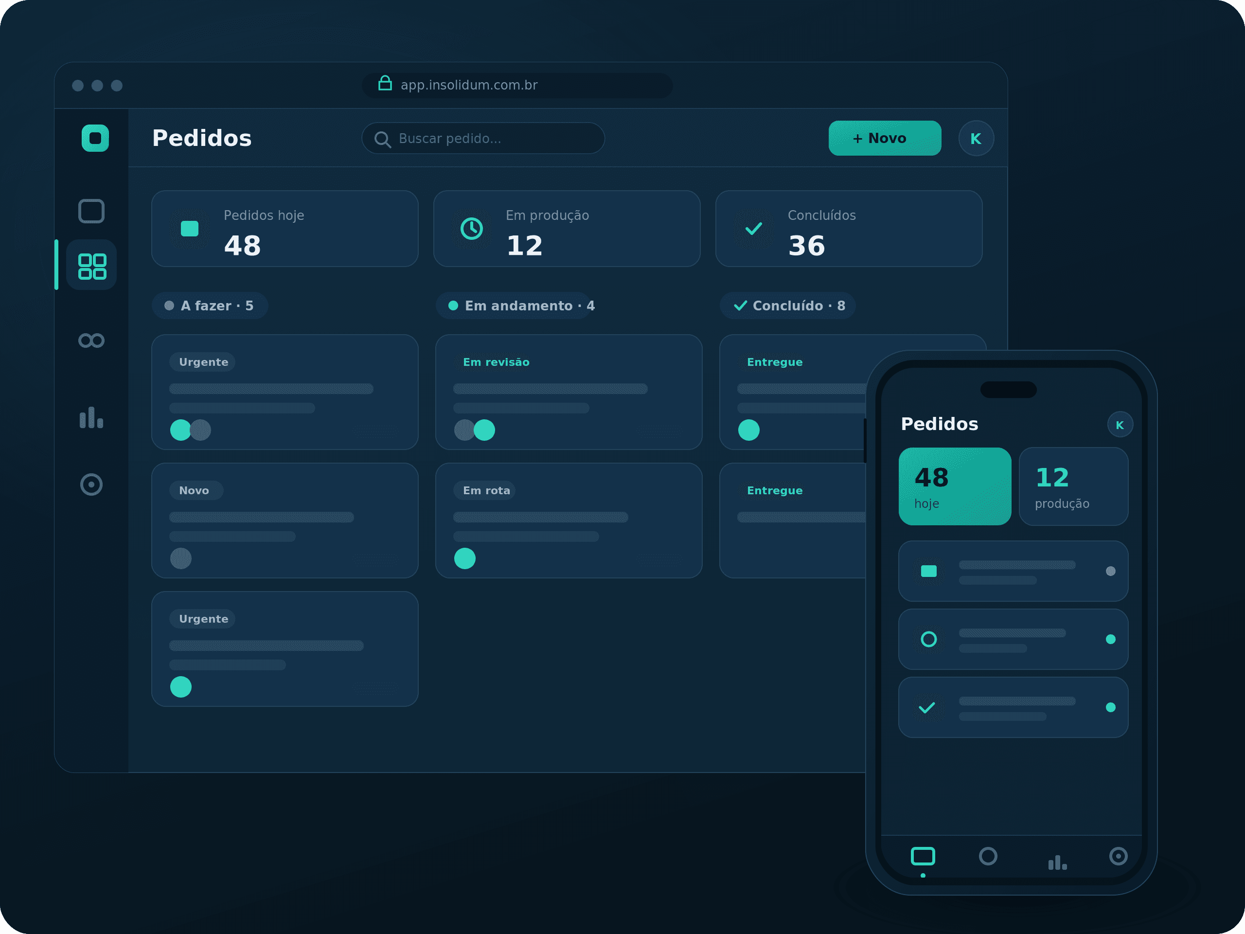Aplicação sob medida da InSolidum: painel de pedidos em kanban no desktop e o mesmo app no celular.
